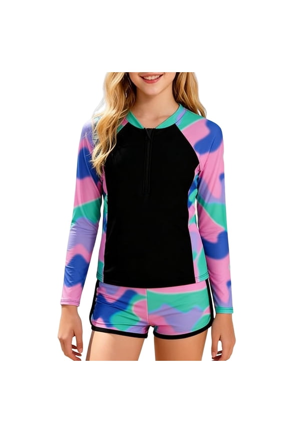 Girls Rash Guard, Girls Swim Set, Long Sleeve Two Piece Rash Guard Set Surfing Diving Sun Protection Summer Beach Multicolor 10-11 Years