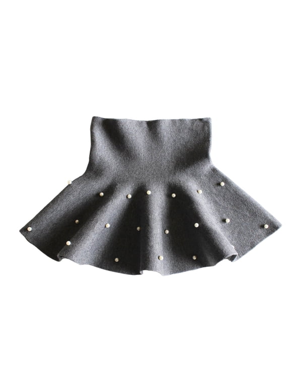 Girls Ruffle Skirt, Girls Skirts, Kids Solid Color Knit Ruffle Hem Bottom with Novelty Trim Casual Fall Winter Gray 6-7 Years