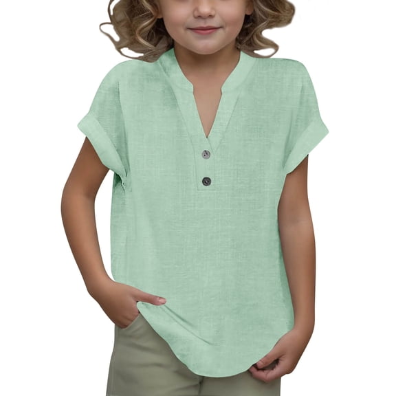 Nilvkv Girls Shirts, Kids Shirts, Girls Linen Blend Button Shirt V-Neck Loose Tunic Summer Boho Chic Top for Girls