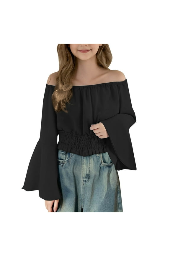 Girls Shirts, Kids Shirts, Girls Waist Defining Long Sleeve Top Casual Solid Color Blouse for Girls Age 5-15 Years