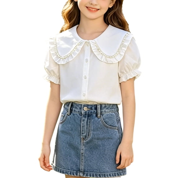 Nilvkv Girls Shirts, Shirts for Girls, Youth White Short Sleeve Button Down Collared Blouse with Bow Tie Back To School Casual Top White 9-10 Years