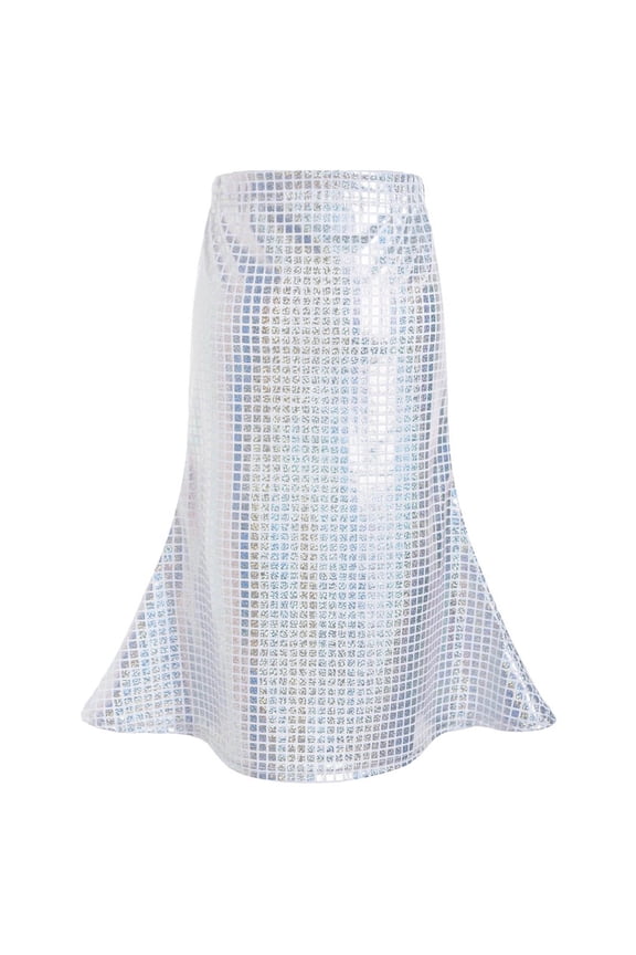 Girls Skirts, School Skirts for Girls, Kids Solid Color Sequin Grid Tiered Fan Dance Party Bottom Festive Silver 3-4 Years