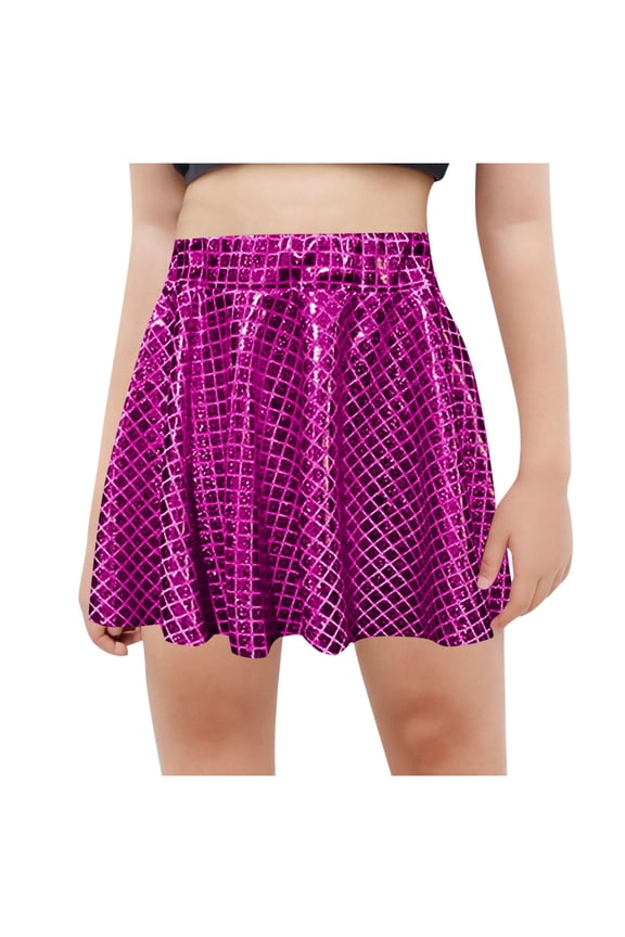 Girls Skirts, School Skirts for Girls, Solid Square Sequin Holographic Pleated Mini Bottom Party Pink 5-6 Years