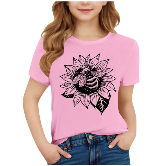 Nilvkv Girls Summer Tops, Girls T Shirts, Sunflower and Bee Print Round Neck Short Sleeve Tee Casual Summer Pink 5-6 Years