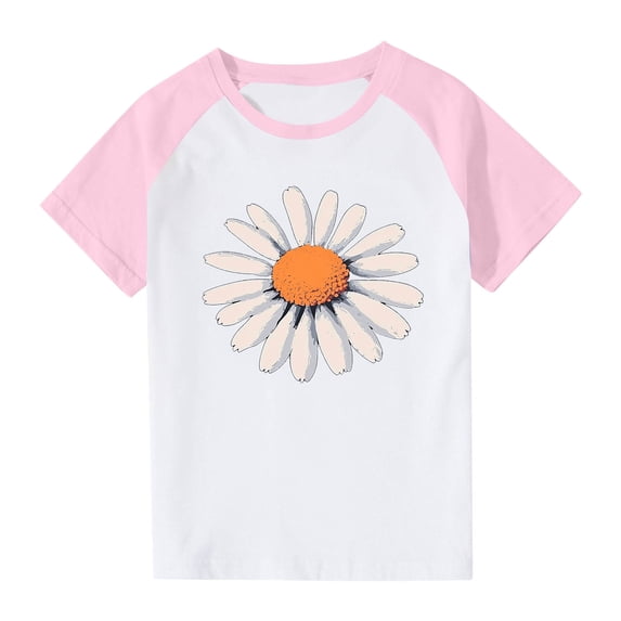 Nilvkv Girls Summer Tops, Shirts for Girls, Daisy Print Raglan Short Sleeve Tee Casual Spring Summer Pink 7-8 Years