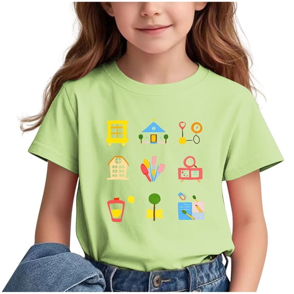 Nilvkv Girls Summer Tops, Shirts for Girls, Doodle Print Round Neck Short Sleeve Tee Back to School Green 12-13 Years