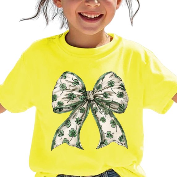 Nilvkv Girls Summer Tops, Shirts for Girls,Holiday Bow Print Round Neck Short Sleeve Tee Casual Summer Yellow 14-15 Years