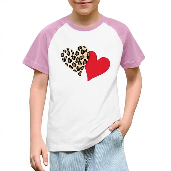 Nilvkv Girls Summer Tops, Shirts for Girls, Vacation Heart Print Raglan Short Sleeve Top Casual Pink 9-10 Years