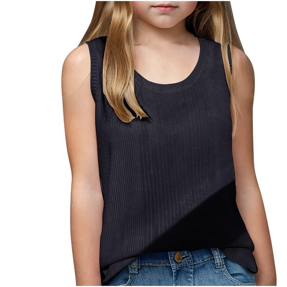 Nilvkv Girls Undershirts, Tank Tops for Girls, Youth Solid Striped Sleeveless Round Neck Top Casual Summer Black M