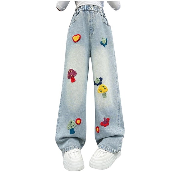 Nilvkv Girls Wide Leg Jeans, Girls Pants, Bow Applique Straight Fit Denim Trousers with Elastic Waist, sweet choice for Spring and Summer Blue 5-6 Years