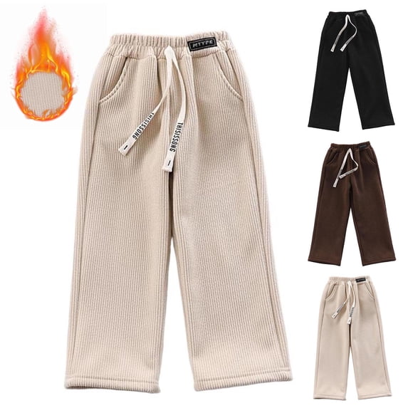 Nilvkv Girls Wide Leg Pants, Girls Sweatpants, Relaxed Straight Leg Corduroy Trousers with Elastic Drawstring Waist and Side Pockets for Cozy Winter Warmth Brown 7-8 Years