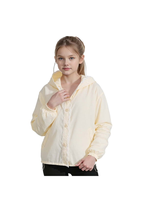 Girls Windbreaker Jacket, Kids Rain Jacket, Ruffle Trim Hooded Snap Button Lightweight Sun Protection Coat Beige 4-5 Years Beige 4-5 Years