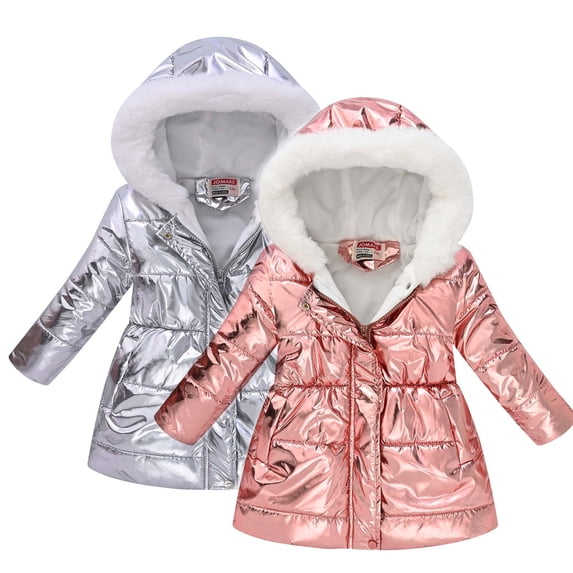 Nilvkv Girls Winter Coat, Jackets for Girls, Hooded Quilted Metallic Puffer Outerwear with Faux Fur Trim and Cinched Waist for Cold Weather Pink 5-6 Years