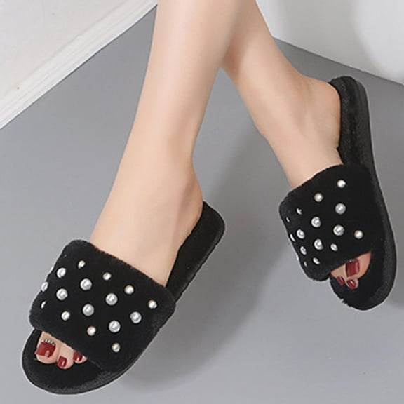 Nilvkv House Slippers, Open Toe Sandals, Women's Fashion Casual Comfortable Indoor Slippers Pearl Round Head Open Toe Warm Home Flat Slippers