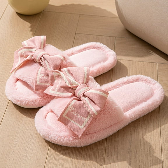 Nilvkv House Slippers, Open Toe Sandals, Women's Fashion Casual Home Indoor And Outdoor Slippers Plus Velvet Warm Bow Slip-On Slippers