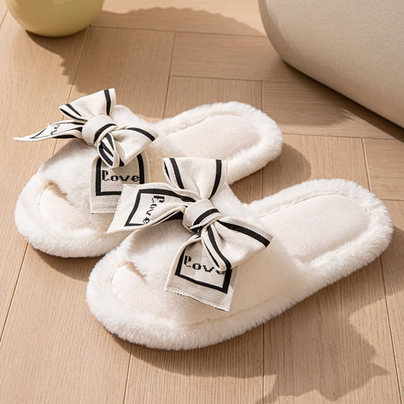 Nilvkv House Slippers, Open Toe Sandals, Women's Fashion Casual Home Indoor And Outdoor Slippers Plus Velvet Warm Bow Slip-On Slippers