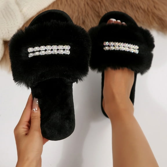 Nilvkv House Slippers, Open Toe Sandals, Women's Fashionable Casual Versatile Indoor Home Rhinestone Fashionable Fall And Winter Fashion Trend Flat Soft Sandals