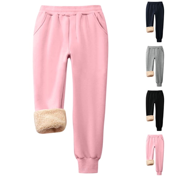Nilvkv Kids Pants, Girls Sweatpants, Sherpa-Lined Cuffed Joggers in Solid Color with Elastic Waist and Side Pockets for Cozy Winter Days Pink 3-4 Years