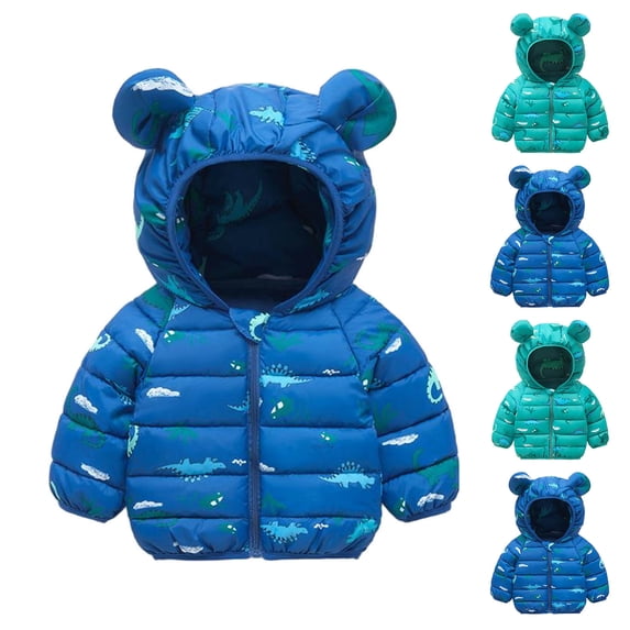 Nilvkv Kids Puffer Jacket, Kids Winter Jacket, Hooded Dinosaur Print Quilted Coat with Animal Ears and Zip Front for Winter Warmth Green 2-3 Years