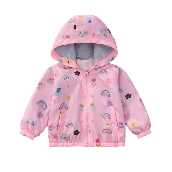 Nilvkv Kids Windbreaker Jacket, Girls Jacket, Hooded Zip-Up Cartoon Print Coat with Pockets for Spring and Fall Wear Pink 5-6 Years