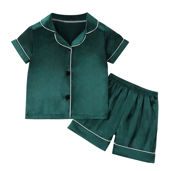 Nilvkv Loungewear Set, Toddler Girl Outfits, Kids Solid Silky Feel Short Sleeve Collared Shirt Shorts Set Fall Winter Green 12-24 Months