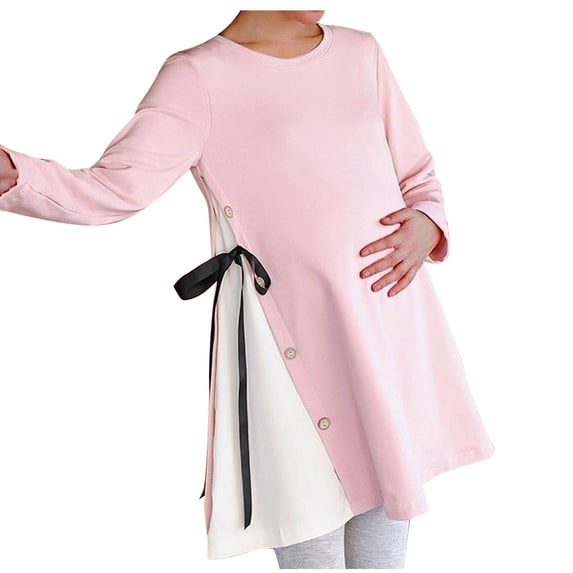 Nilvkv Maternity Dress, Maternity Dresses, Long Sleeve Round Neck Solid Color One Piece Pink L