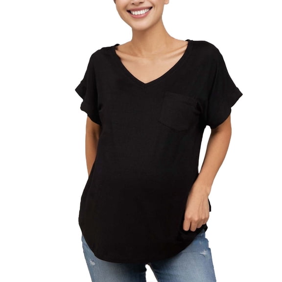 Nilvkv Maternity T Shirts, Maternity Tops, Solid Color Short Sleeve V Neck Chest Pocket Casual Comfort Tee Black M