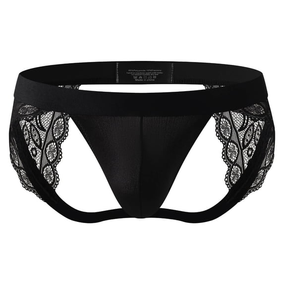 Nilvkv Mens G String, Mens Underwear, Low Rise Cutout Lace Shiny Smooth G String Semi Sheer Novelty Alluring Black L