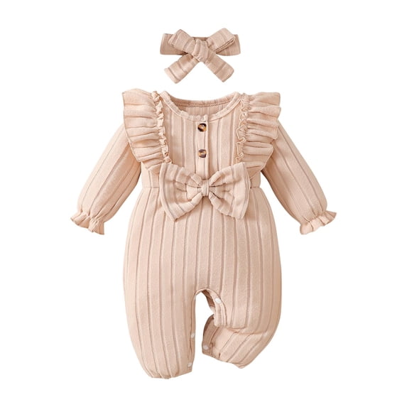 Nilvkv Newborn Girl Clothes, Newborn Onesies Girl, Solid Color Long Sleeve Ruffle Hem Footed Romper and Headband Set Spring Summer Beige 3-6 Months