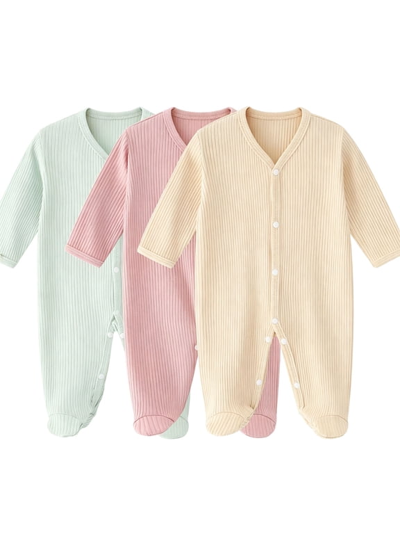 Newborn Onesies, Newborn Sleepers, Toddler 3-Pack Ribbed Round Neck Footed Sleeper Set Soft Cotton Breathable One-Piece Green 0-6 Months