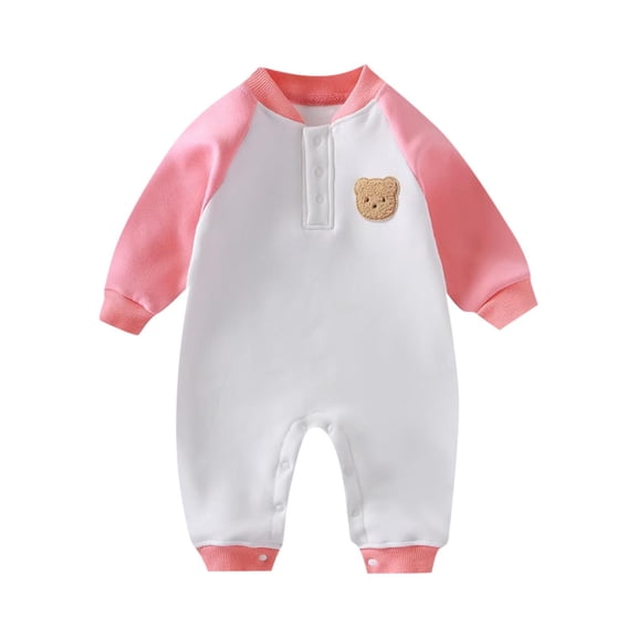Nilvkv Newborn Onesies, Newborn Sleepers, Toddler Colorblock Fleece Bear Romper Soft Warm Breathable Active Outdoor One-Piece Pink 0-6 Months