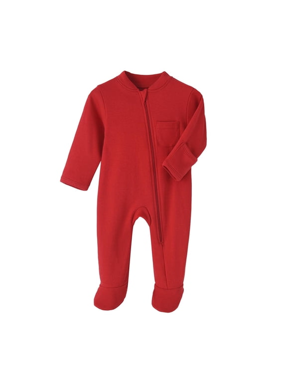 Newborn Onesies, Newborn Sleepers, Toddler Solid Round Neck Long Sleeve Zip Front Footed Sleeper with Pocket Soft Cotton Lightweight Breathable One-Piece Red 3-6 Months