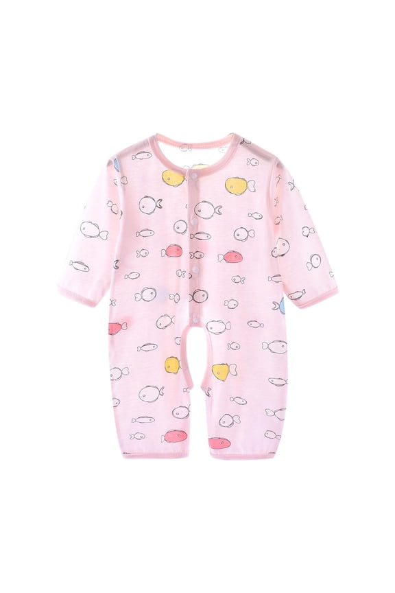 Newborn Onesies, Newborn Sleepers, Toddler Fish Print Long Sleeve Snap Crotch Romper Breathable Summer Pink 0-3 Months