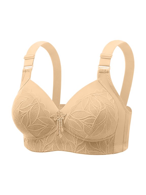 Plus Size Bras, Minimizer Bras for Women, Maple Leaf Print Wireless Plus Size Thin Push Up Open Back Anti Sag Intimate Beige 46DE
