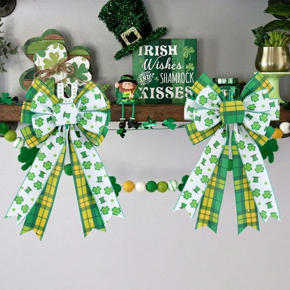 Nilvkv St.Patrick's Day Decorations Burlap Bow with Shamrocks 197Inch Natural Ribbon for Gift Wrapping Door Wreath and Party Home Decor