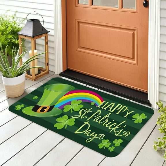 Nilvkv St.Patrick's Day Door Mat 16x24Inch Green Trefoil Non-Slip Entrance Rug for Porch Holiday Home Decor