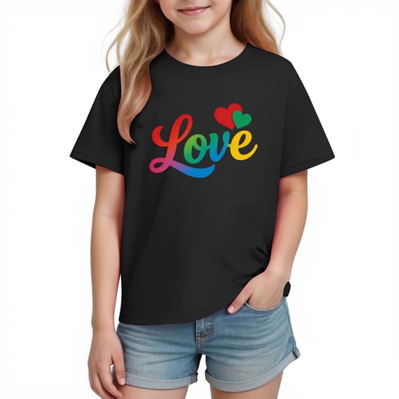 Nilvkv Summer Tops for Girls, Girls Tops, Vacation Heart Print Short Sleeve Cotton Top Casual Summer Black 5-6 Years