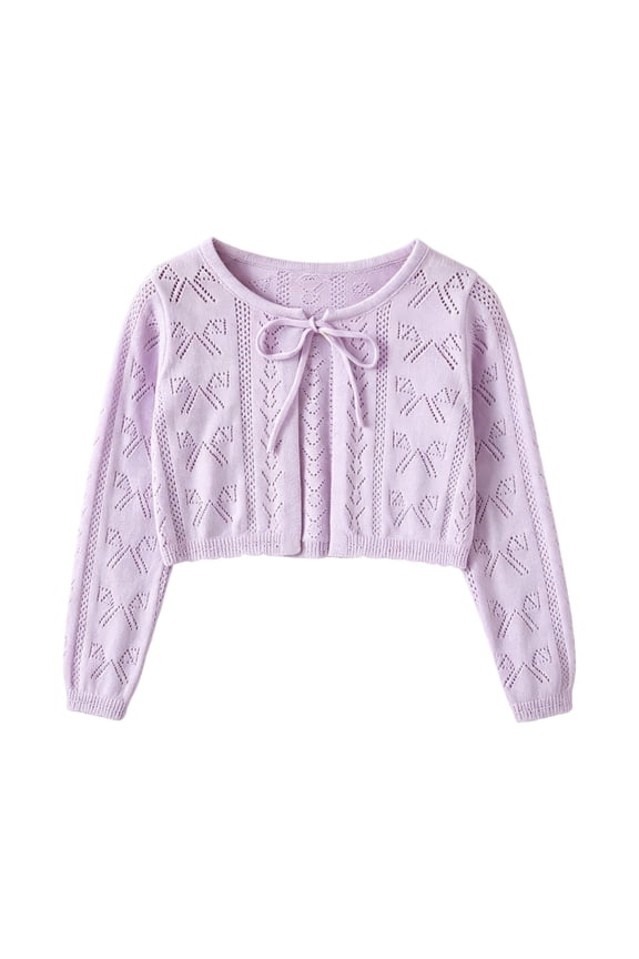 Sweaters for Girls, Cardigan For Girls, Solid Color Pointelle Knit Tie Front Cropped Cardigan Top Outerwear Purple 12-18 Months Purple 12-18 Months