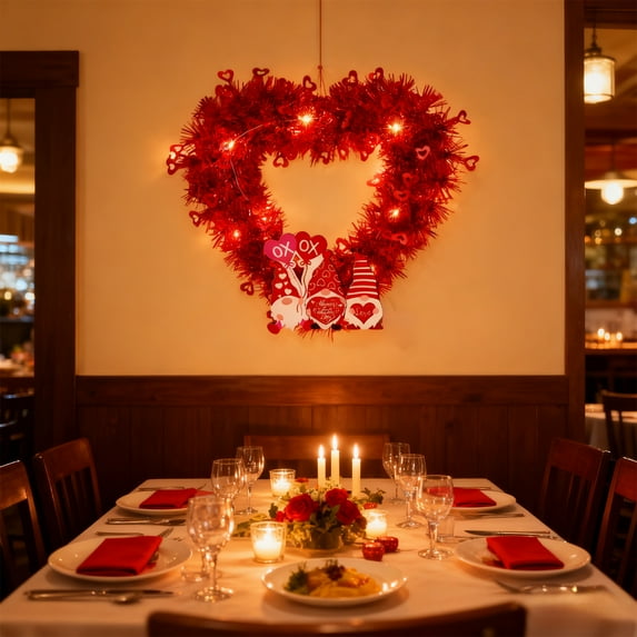 Nilvkv Valentine's Day Heart Shaped Wreath with Lights 33cm - Illuminated Floral Hanging Decoration for Wedding Anniversary Party for Valentines Day