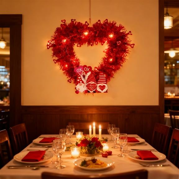 Nilvkv Valentine's Day Heart Shaped Wreath with Lights 33cm - Illuminated Floral Hanging Decoration for Wedding Anniversary Party for Valentines Day