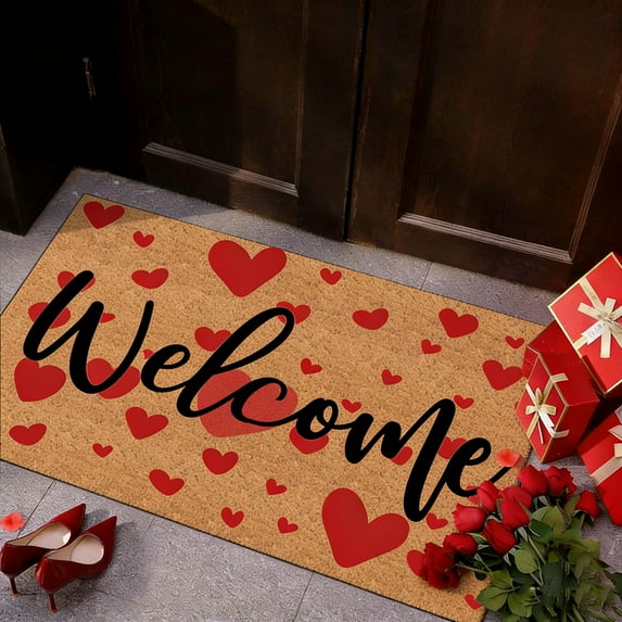 Nilvkv Valentine's Day Welcome Doormat Red And Pink Heart Sweet Rug for Indoor Outdoor Entrance Home Front Porch Decoration for Valentines Day