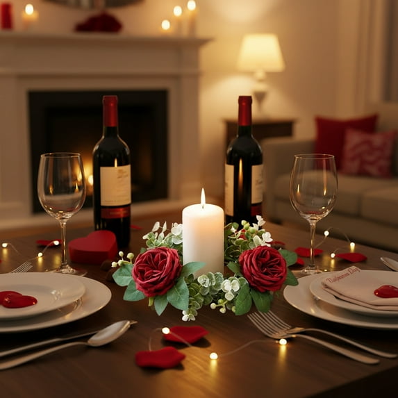 Nilvkv Valentines Day Decorations, Faux Austen Rose Garland Candle Ring Holder for Table Centerpiece Party Wedding Decoration In Multiple Colors