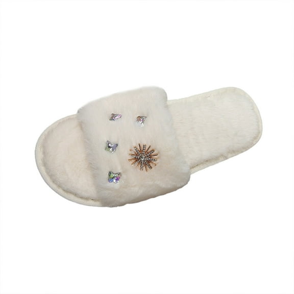 Nilvkv Womens Slippers, Fashionable and Casual Rhinestone Decorated Flat Slippers Open-Toe House Slippers Indoor Outdoor Shoes for Fall and Winter