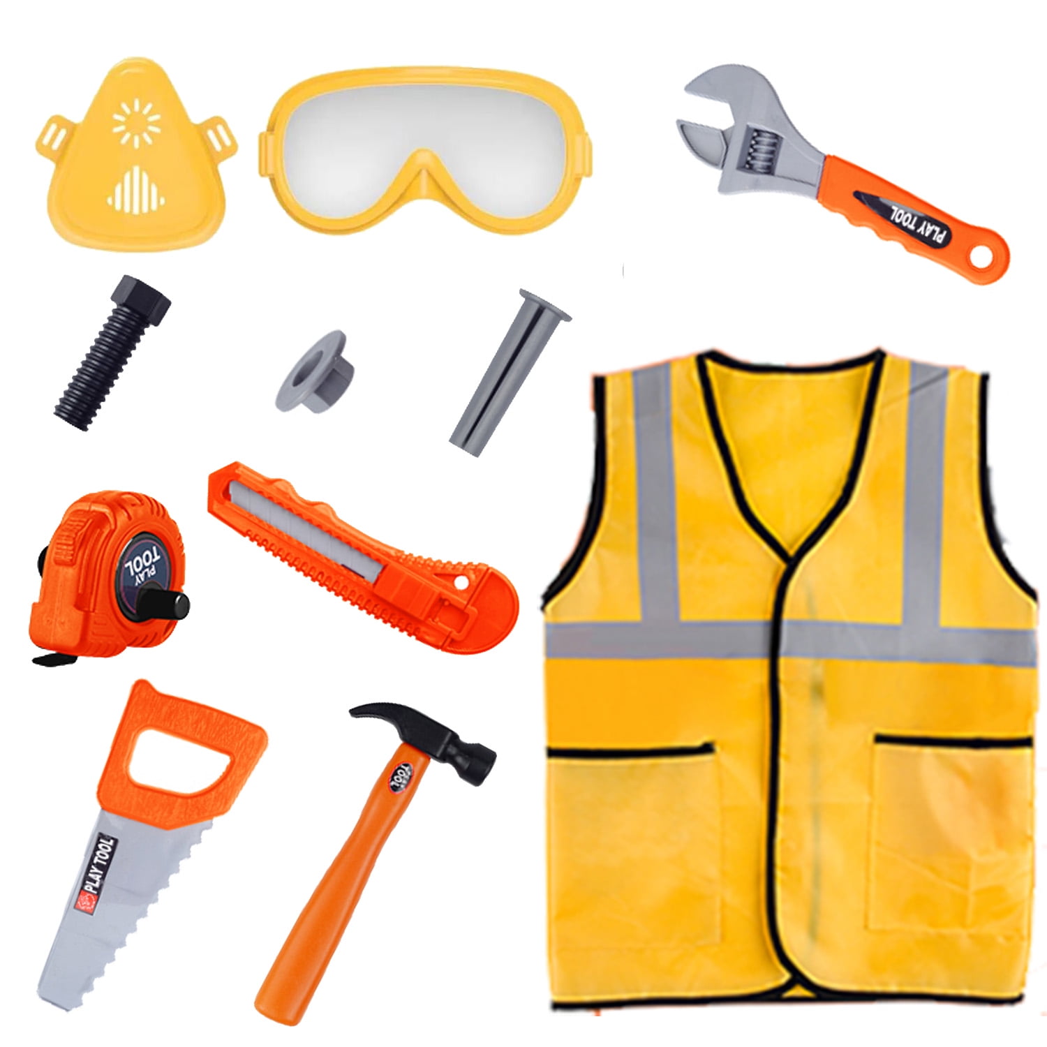 NimJoy 11Pcs Toddler Construction Worker Orange Costume Dress-up Set  Pretend Role Play Engineer Kit Preshool Toys for Boys 3-6 Year Kids 