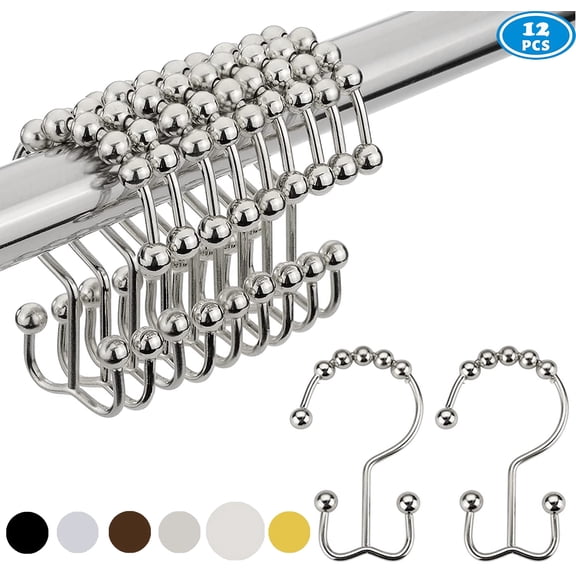 NimJoy 12pk Shower Curtain Hooks Ring, Polished Nickel Finish, Rustproof Premium Stainless Steel Rollerball Easy Glide Shower Double-Hook