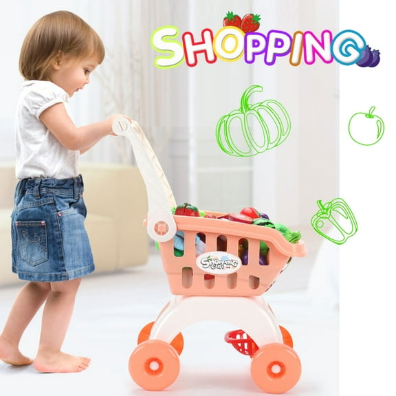 NimJoy 19" Big 2-Layer Kids Toy Shopping Cart W/Cutting Foods ABS Toy for Girls 3-6 Years Boys, Pretend Play Shopping Grocery Play Set Gifts to Toddlers, 14Pcs Warm Orange