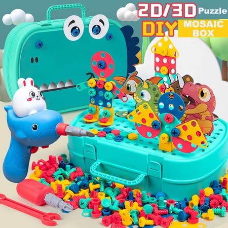 NimJoy 3-in-1 STEM Toy for Boys 3-6 Years Girls: Kids Construction Set, Take Apart Kit, 362Pcs Peg Board Building Puzzle W/Electric Drill & Tool box Gift to Toddler (Dinosaur)