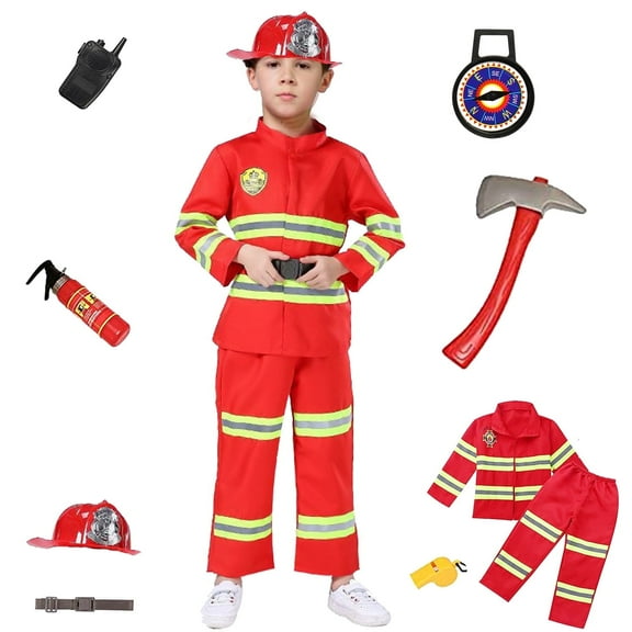 NimJoy 9Pcs Red Fireman Costume for Boys 3-6 Years Kids Birthday Christmas Present - Role Play Firefighter Dress-up Set