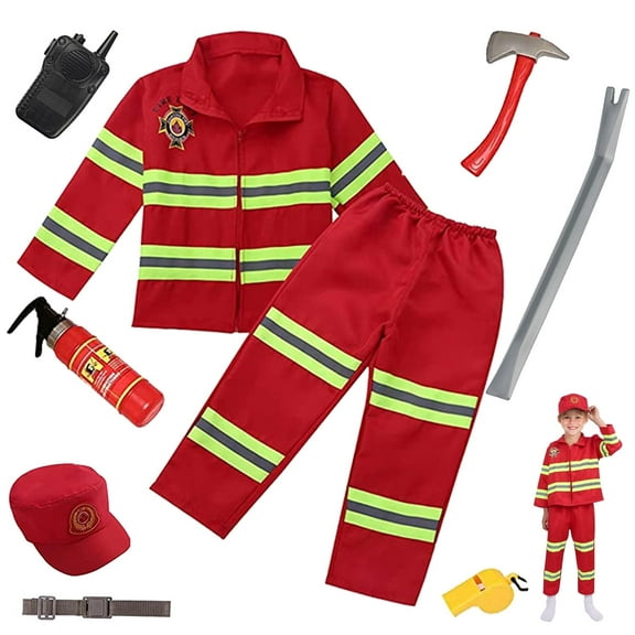 NimJoy 9Pcs Red Fireman Costume for Boys 3-6 Years Kids Birthday Christmas Present - Role Play Firefighter Dress-up Set