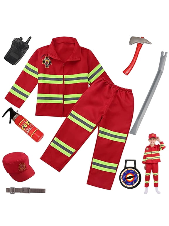 9Pcs Red Kids Fireman Costume Firefighter Dress-up Set for Boys 3-6 Years Toddler Birthday Christmas Present